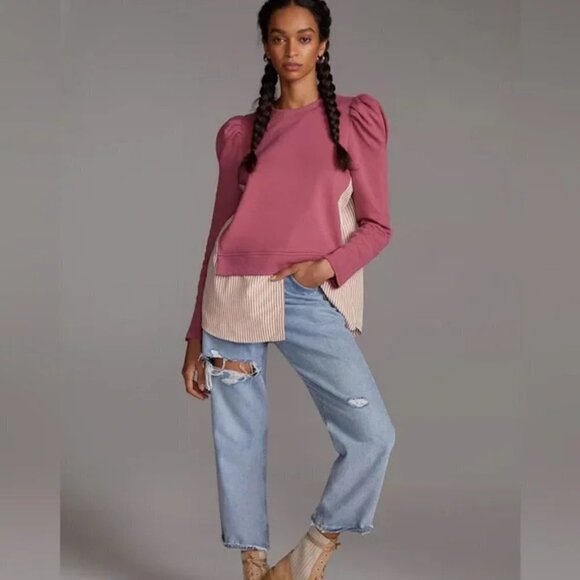 Anthropologie Maeve Layered Tunic Puff Sleeve Crew Neck Sweatshirt Pullover Top - Picture 2 of 15